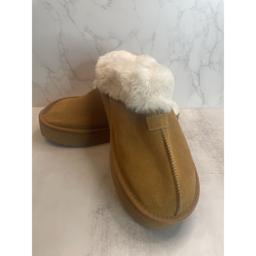JoySpun Women's Platform Brown Slippers Faux Fur Comfy Cozy House Shoes Sz 9US